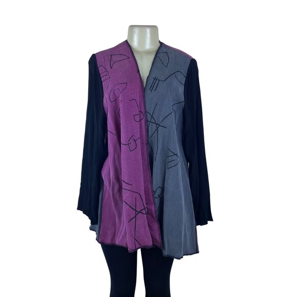Ahni Womens Black Purple Gray Rayon Abstract Open Jacket Handmade USA Size 2 - Picture 1 of 7